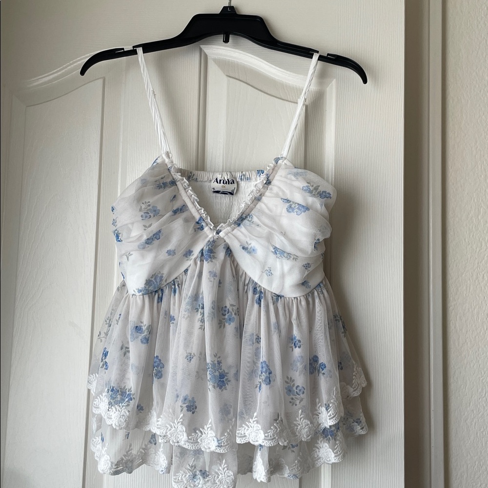 Arula Blue and White Ruffle Top